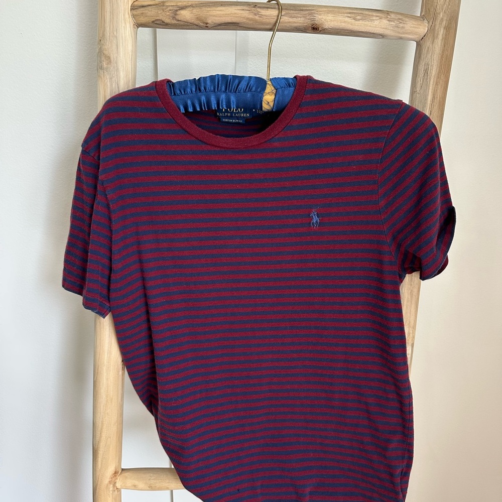 Ralph Lauren Striped Crewneck Tee in Burgundy and Navy